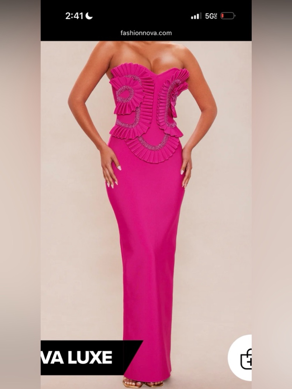 Fashion Nova Fuchsia Strapless Ruffle Corset Gown